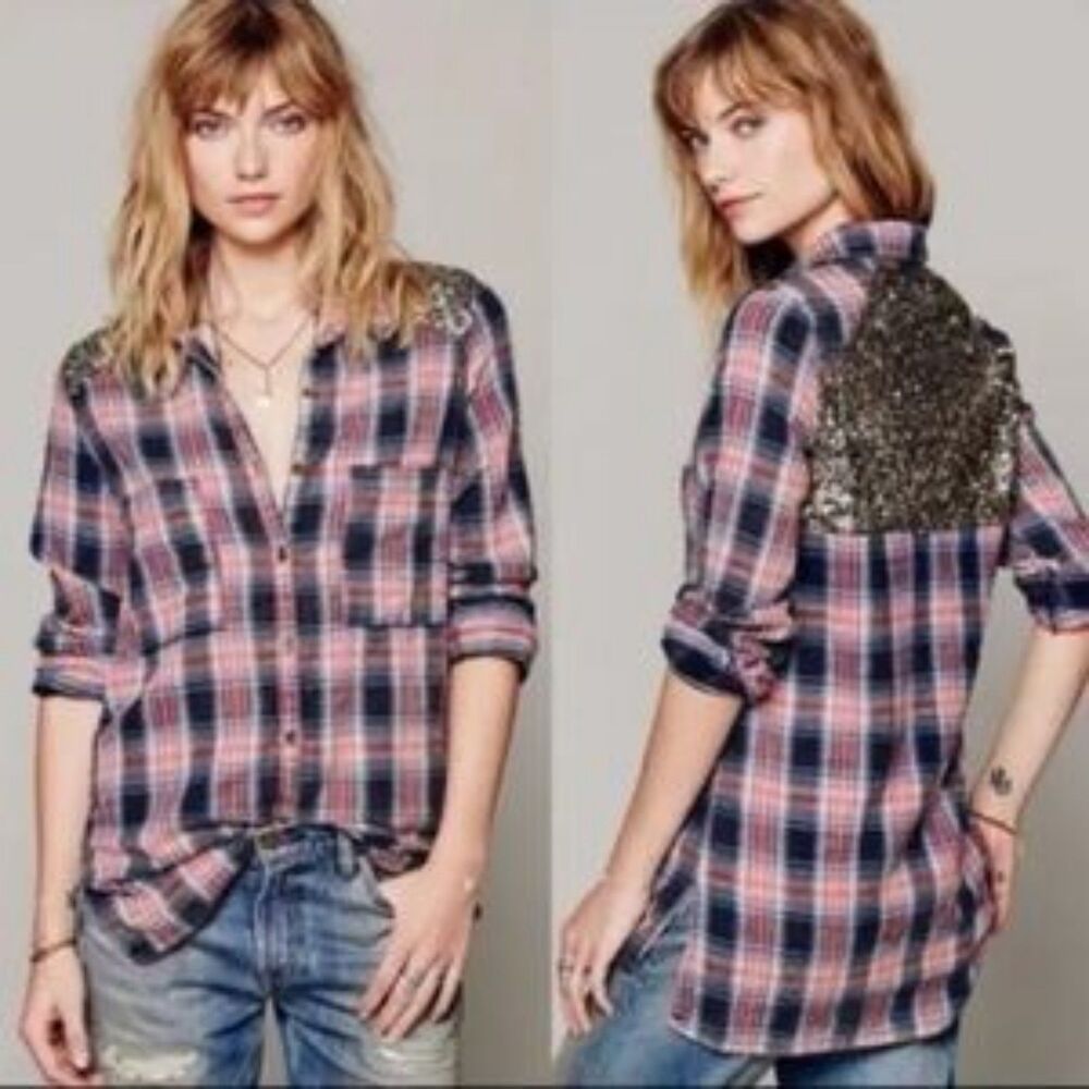 Free People Little Bit of Sugar Plaid Button Down Shirt Gold Sequin Embellished